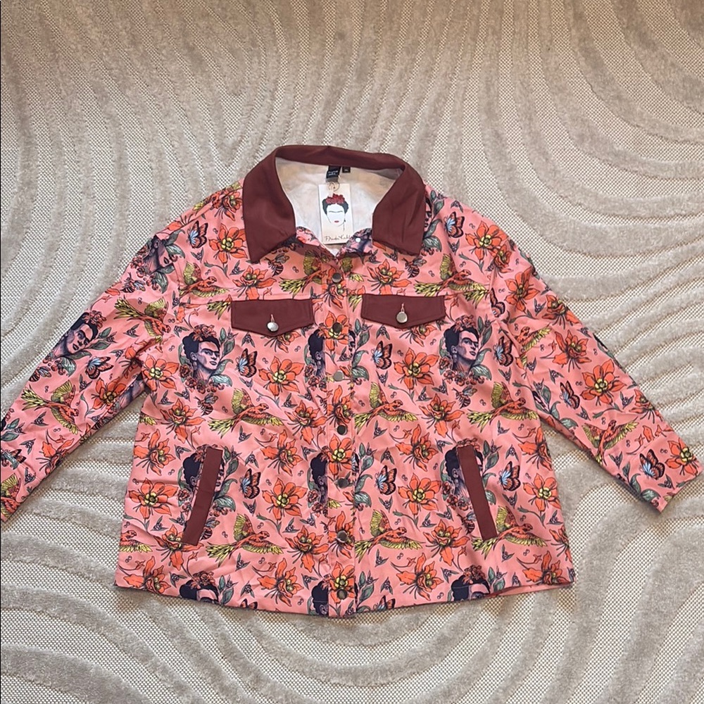 SHEIN Frida Kahlo Pink and Brown Floral Jacket